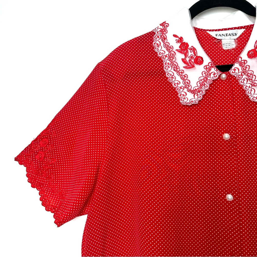 Vintage Retro Lolita Polka Dot Blouse Feminine Coquette Girl Embroidered Collar - Picture 5 of 11